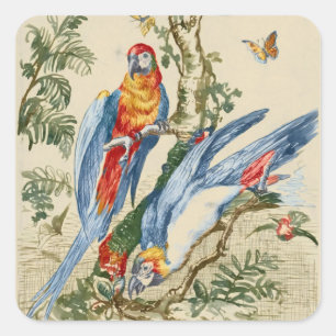 Pegatina Cuadrada Arte Antiguo de Loro Tropical y Mariposa