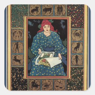 Pegatina Cuadrada Arte antiguo modernista, mujer leyendo libro de as