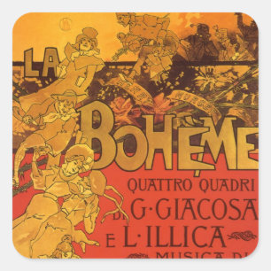 Pegatina Cuadrada Arte Antiguo Modernista Música, La Bohème Ópera, 1