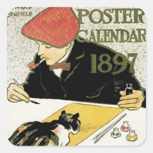Pegatina Cuadrada Arte Antiguo Moderno, Artista Pintando con Gato Ma