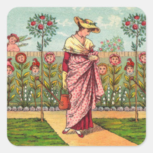 Pegatina Cuadrada Arte Antiguo Mujer Flor Creciente Jardín