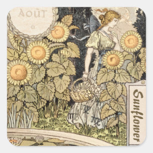 Pegatina Cuadrada Arte Antiguo Nouveau Girasol Jardín Grasset Mujer