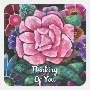 Pegatina Cuadrada Arte botánico Art Nouveau floral caprichoso rosa