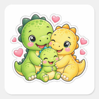 Pegatina Cuadrada Arte de Abrazo de Familia de Dinosaurio Adorable