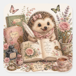 Pegatina Cuadrada Arte de Acuarela de Erizo de Diario Adorable