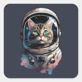 Pegatina Cuadrada Arte de acuarela de gato astronauta en el espacio