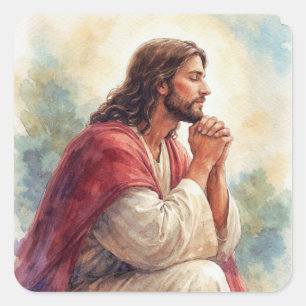 Pegatina Cuadrada Arte de Acuarela de Jesús Orando Fe Cristiana