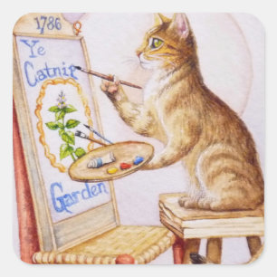 Pegatina Cuadrada Arte de acuarela de pintura de gatos de tabby marr
