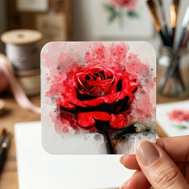 Pegatina Cuadrada Arte de Acuarela de Rosa Roja sobre Fondo Blanco (Red Rose Watercolor Art on White Background. Square Sticker)