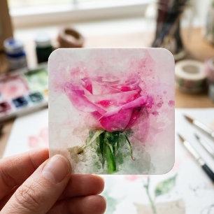 Pegatina Cuadrada Arte de acuarela de rosa rosa sobre fondo blanco