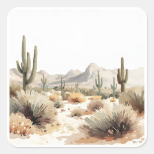 Pegatina Cuadrada Arte de Acuarela Minimalista del Cactus Saguaro de