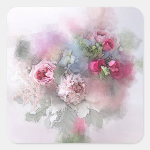 Pegatina Cuadrada Arte de Acuarela Rosas Rojas Rosadas Plantilla en 