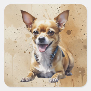 Pegatina Cuadrada Arte de animal de compañía perro Chihuahua feliz l