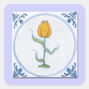 Pegatina Cuadrada Arte de azulejos de tulipanes con azul y blanco