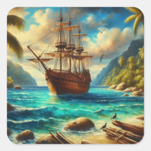 Pegatina Cuadrada Arte de barcos de playa caribeños/tropicales
