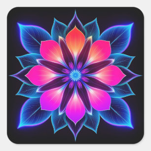 Pegatina Cuadrada 🌸 Arte de brillo abstracto de flor de neón azul �