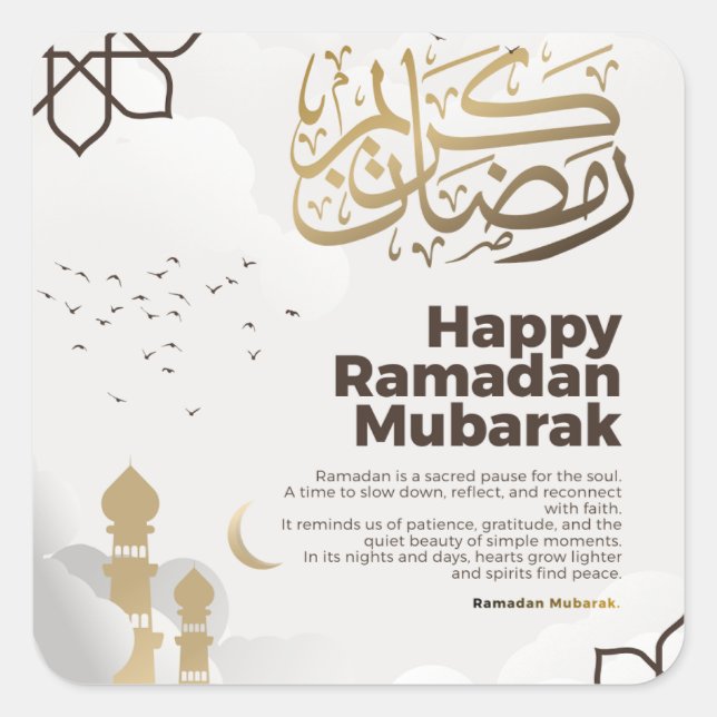 Pegatina Cuadrada Arte de Caligrafía Dorada Ramadan Mubarak (Anverso)