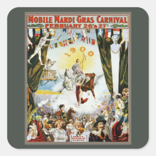 Pegatina Cuadrada Arte de cartel de carnaval de Mardi Gras móvil vin
