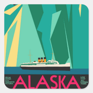 Pegatina Cuadrada Arte de cartel de viaje vintage de Alaska, glaciar