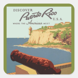 Pegatina Cuadrada Arte de cartel de viaje vintage, ¡Descubre Puerto 