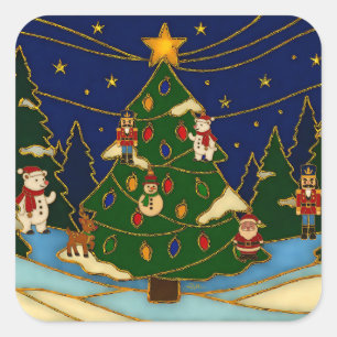 Pegatina Cuadrada Arte de cloisonné Bosque Caprichoso Navidad Clásic
