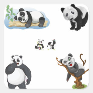 Pegatina Cuadrada Arte de Collage de Panda en Acuarela Linda