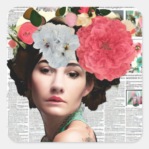 Pegatina Cuadrada Arte de Collage de Papel Lady de bonito