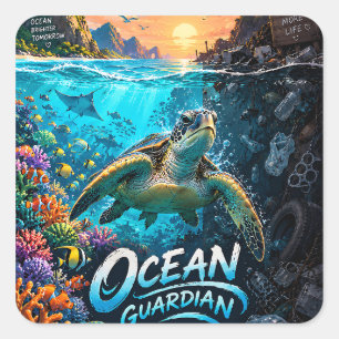 Pegatina Cuadrada Arte de Conservación de Tortugas Marinas Guardiane