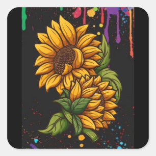 Pegatina Cuadrada Arte de dibujo de girasoles, amor de girasoles