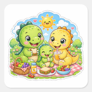 Pegatina Cuadrada Arte de dibujos animados de familia de dinosaurios