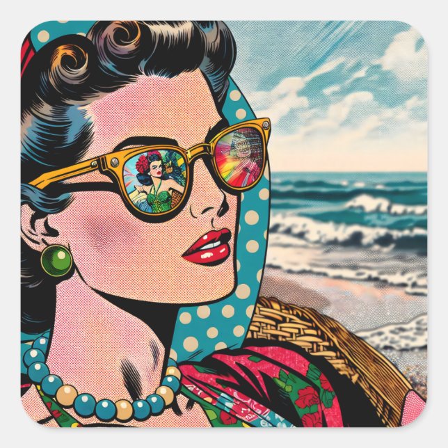 Pegatina Cuadrada Arte de estilo cómico | Mujer observando al bailar (Anverso)