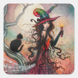 Pegatina Cuadrada Arte de fantasía de bruja y gato negro de Hallowee