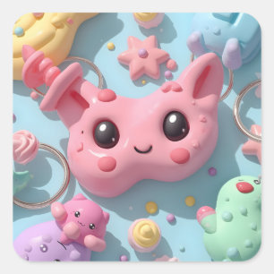 Pegatina Cuadrada Arte de Fantasía de Criaturas Kawaii Pastel