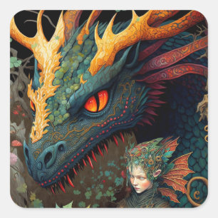 Pegatina Cuadrada Arte De Fantasía De Elf Y Dragon