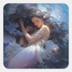 Pegatina Cuadrada Arte de fantasía de sirena morada
