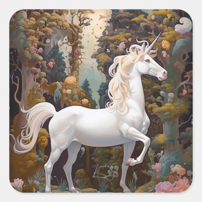 Pegatina Cuadrada Arte de fantasía de Unicorn (Anverso)