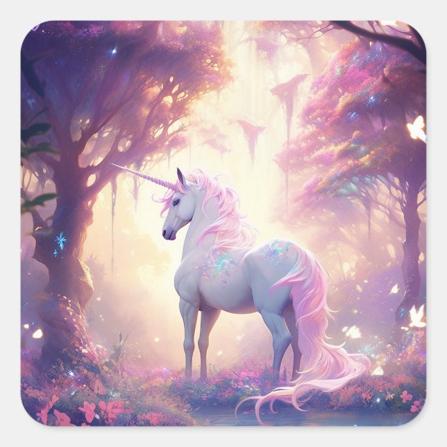 Pegatina Cuadrada Arte de fantasía de Unicorn (Anverso)