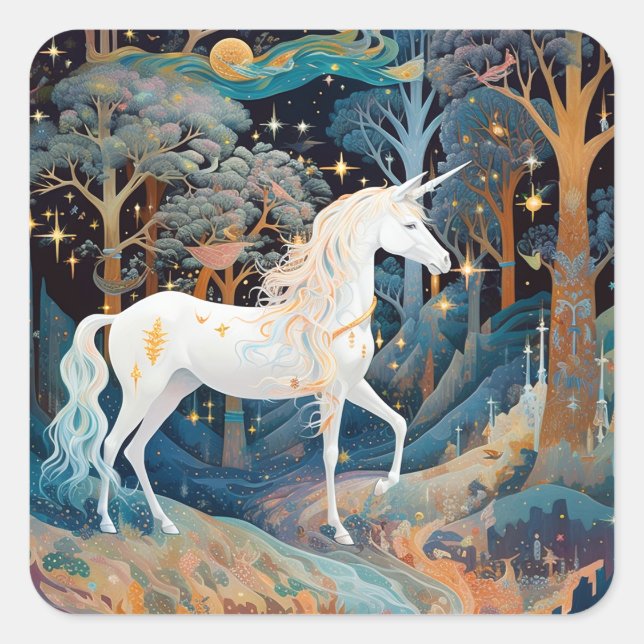 Pegatina Cuadrada Arte de fantasía de Unicorn (Anverso)