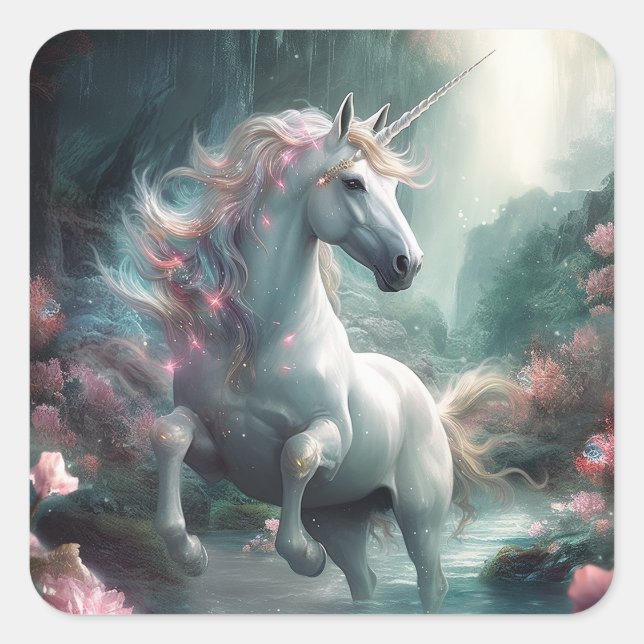 Pegatina Cuadrada Arte de fantasía de Unicorn (Anverso)