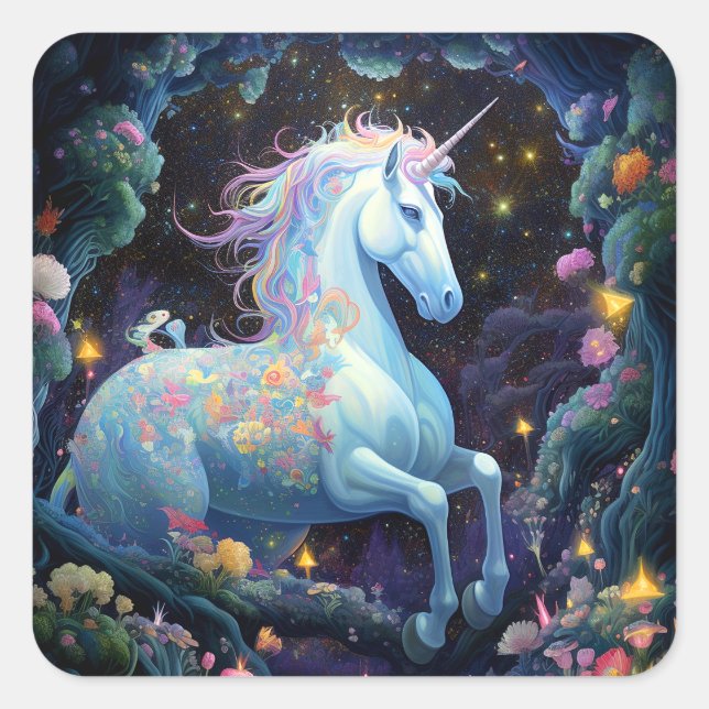 Pegatina Cuadrada Arte de fantasía de Unicorn (Anverso)