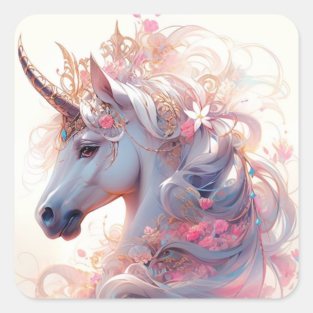 Pegatina Cuadrada Arte de fantasía de Unicorn (Anverso)