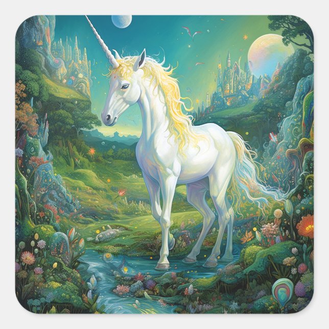 Pegatina Cuadrada Arte de fantasía de Unicorn (Anverso)