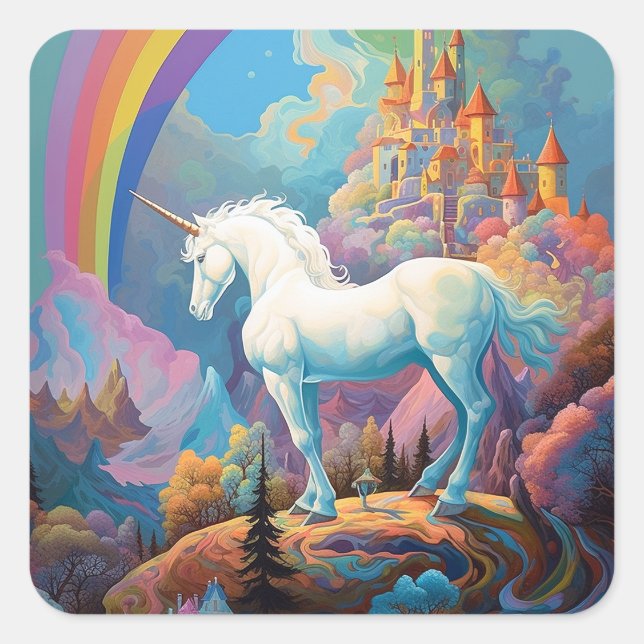 Pegatina Cuadrada Arte de fantasía de Unicorn (Anverso)