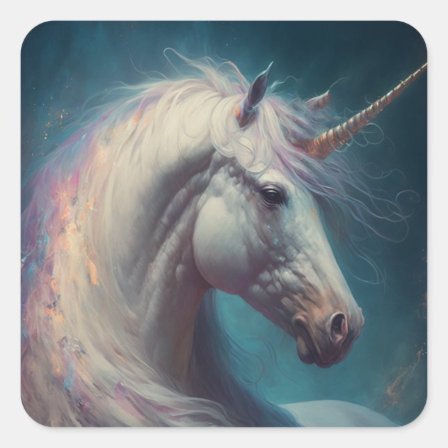 Pegatina Cuadrada Arte de fantasía de Unicorn (Anverso)