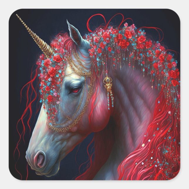 Pegatina Cuadrada Arte de fantasía de Unicornio con joyas rojas (Anverso)