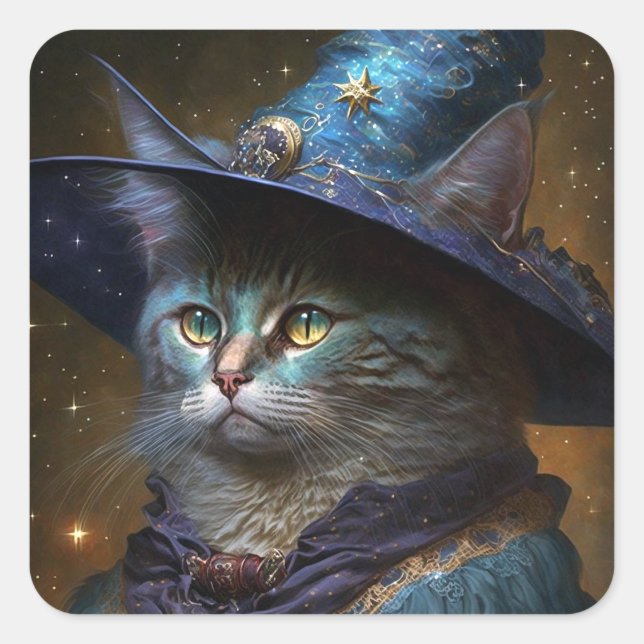Pegatina Cuadrada Arte de fantasía para gatos (Anverso)