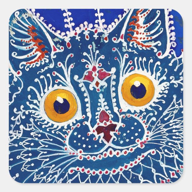 Pegatina Cuadrada Arte de gato psicodélico azul de Louis Wain (Anverso)