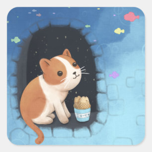 Pegatina Cuadrada Arte de gatos, postres y Ilustracion de pescado