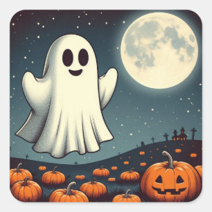 Pegatina Cuadrada Arte de halloween con fantasmas y calabazas