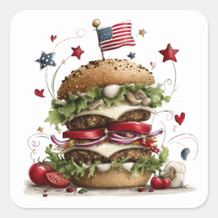 Pegatina Cuadrada Arte de Hamburguesa Americana Patriótica 